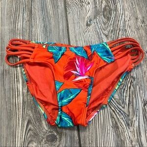XHILARATION Red Tropical Print Bikini Bottom Blue Green Leaves Strappy Sides
